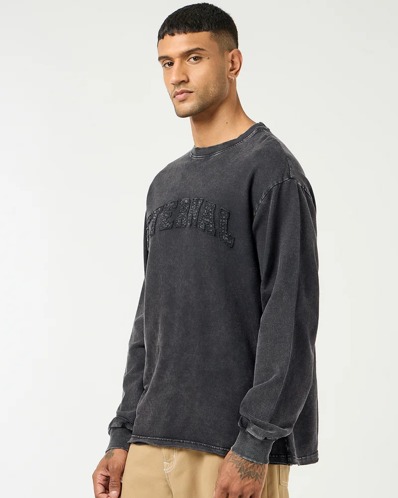 بيواكوف Men's Black Eternal Typography Oversized Acid Wash T-shirt